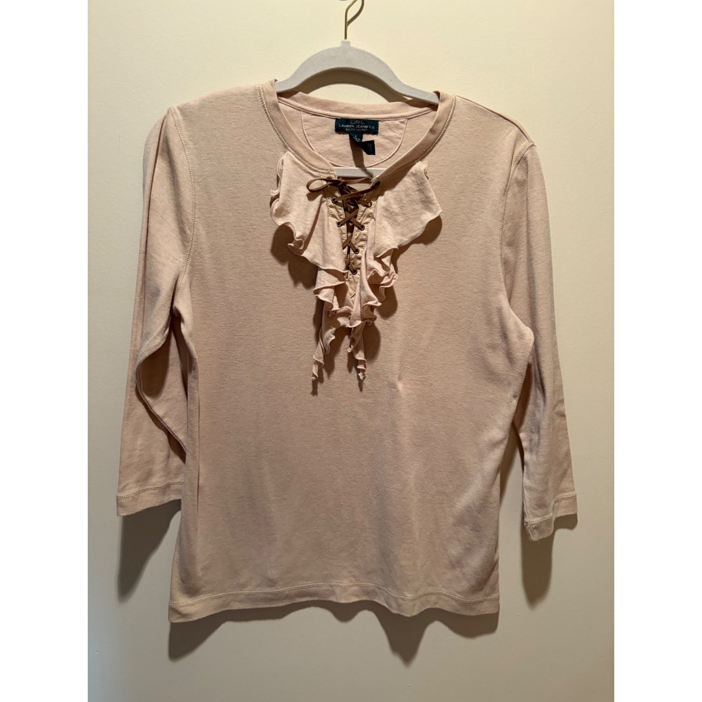Lauren Ralph Lauren Tan Ruffle Lace Up Front 3/4 Sleeve Top Large